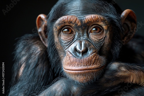 Thoughtful chimpanzee portrait: capturing the expressive gaze of nature’s intelligent primate