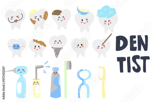 set of kawaii dentalcare doodles element stock design