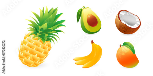 Set of illustrations of tropical fruits, pineapple, avocado, coconut, mango, banana, in realistic 3D style.