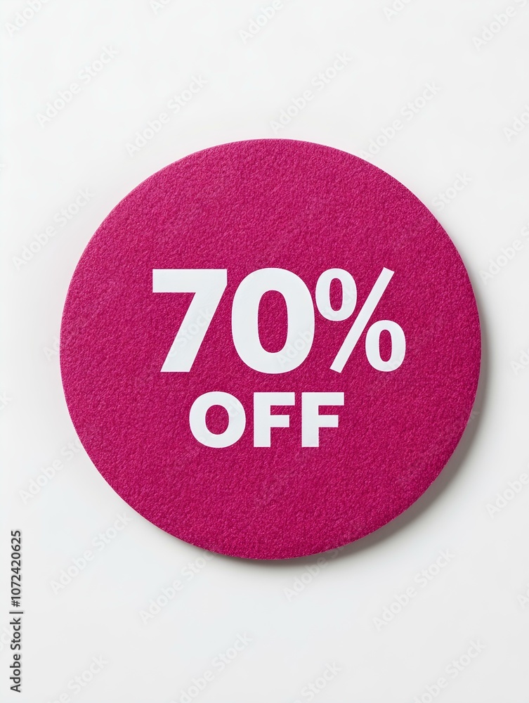 White '70% OFF' Text on a Magenta Round Paper Note. White Background White '70% OFF' Text on a Magenta Round Paper Note. White Background
