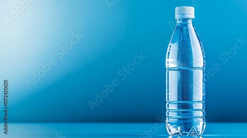 Clear plastic water bottle with a white cap, standing against a gradient blue background. photo