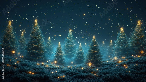 abstract christmas trees in a fairy forest with lights, New Year card or advertisement, copy space
