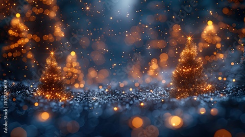 abstract christmas trees in a fairy forest with lights, New Year card or advertisement, copy space
