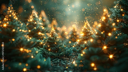 abstract christmas trees in a fairy forest with lights, New Year card or advertisement, copy space
