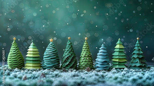 abstract christmas trees in a fairy forest with lights, New Year card or advertisement, copy space
