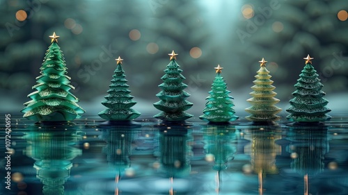 abstract christmas trees in a fairy forest with lights, New Year card or advertisement, copy space
