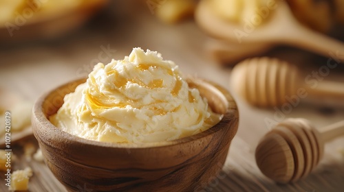 Decadent Whipped Honey Butter, creamy swirls in a rustic wooden bowl. Drizzled with golden honey, pure indulgence! photo