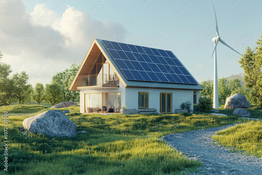 Eco-Friendly Urban Cityscape with Solar Panels, Wind Turbines, and Green Landscape Showcasing Renewable Energy and Sustainable Development Eco-Friendly Urban Cityscape with Solar Panels, Wind Turbines, and Green Landscape Showcasing Renewable Energy and Sustainable Development
