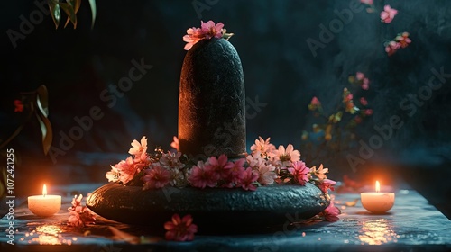 A beautifully crafted shiv ling adorned with fresh flowers and placed on a marble pedestal, illuminated by soft candlelight.