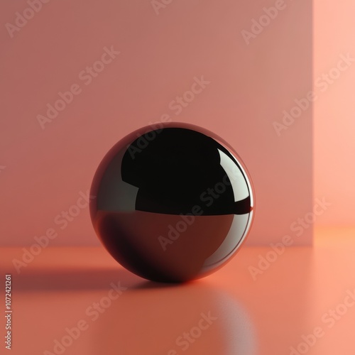 A shiny black ball sits on a pink surface