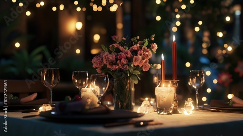 A beautifully decorated table set for a romantic anniversary dinner, adorned with flowers and candles.