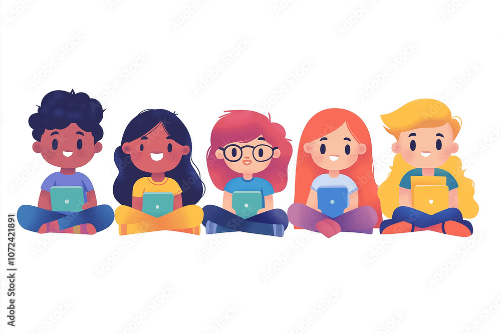 Five diverse kids sit cross-legged, engaged with tablets, sharing a digital learning experience Five diverse kids sit cross-legged, engaged with tablets, sharing a digital learning experience
