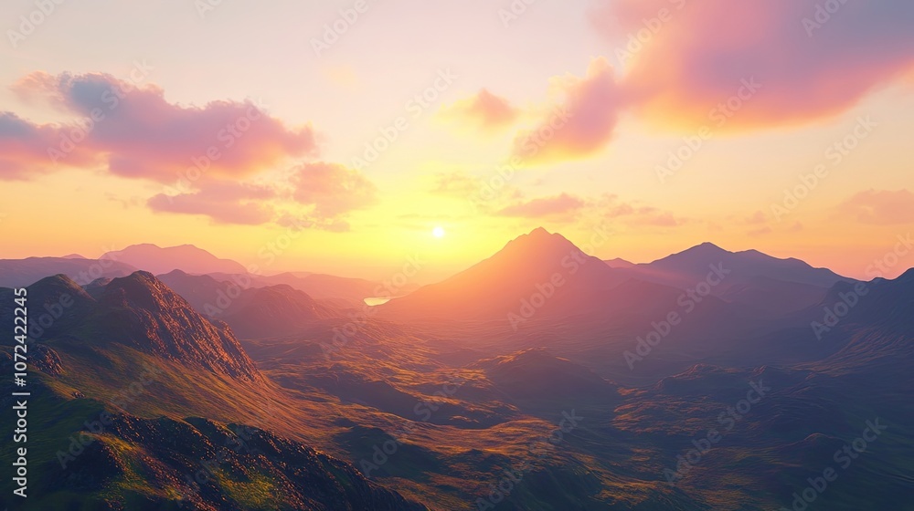 Obraz premium A breathtaking sunrise over a mountain range, casting warm light on the landscape.