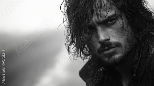 A close-up of a brooding man with wet hair in a dramatic setting.