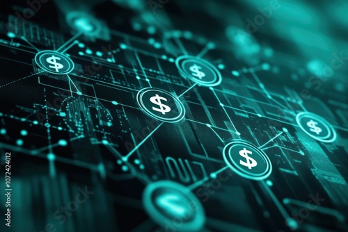 Digital representation of dollar symbols in futuristic financial technology interface, concept of online currency, fintech, and digital economy