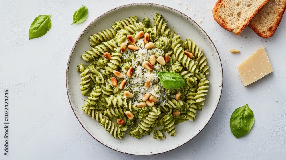 Pasta with Pesto and Pine Nuts: Professional Food Photography with Garlic Bread, Clean Composition, and Studio Lighting in Sharp Focus. Ideal for Culinary Marketing. Pasta with Pesto and Pine Nuts: Professional Food Photography with Garlic Bread, Clean Composition, and Studio Lighting in Sharp Focus. Ideal for Culinary Marketing.