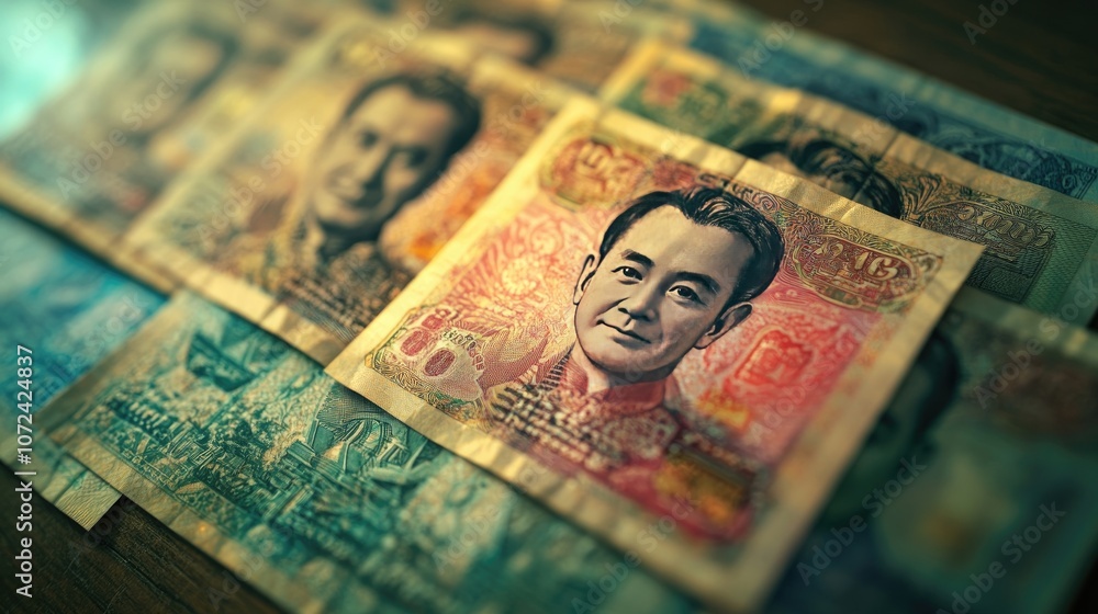 A close-up of colorful Thai banknotes arranged neatly on a wooden table, showcasing their intricate designs. A close-up of colorful Thai banknotes arranged neatly on a wooden table, showcasing their intricate designs.