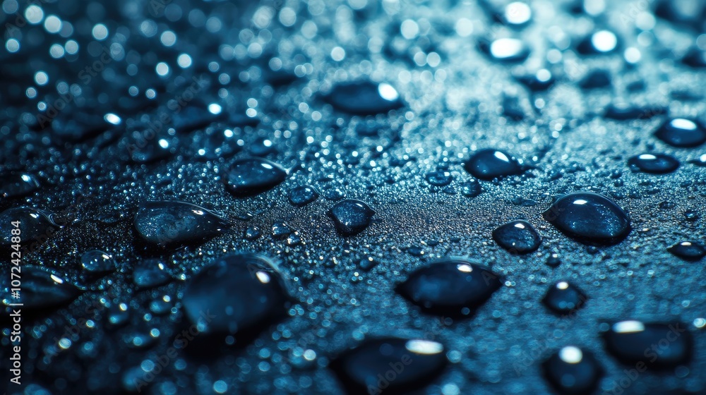 A close-up of droplets on a blue glass surface, reflecting light beautifully. A close-up of droplets on a blue glass surface, reflecting light beautifully.