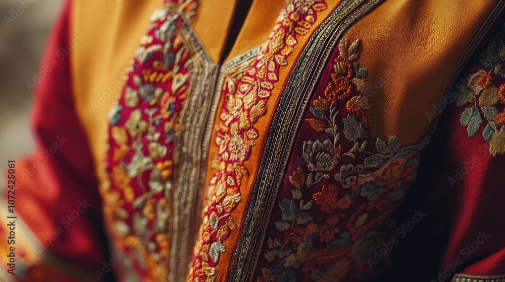 A close-up of intricate embroidery on a vibrant kurti, showcasing detailed craftsmanship. A close-up of intricate embroidery on a vibrant kurti, showcasing detailed craftsmanship.