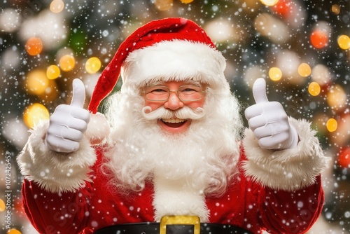 Joyful Santa Claus giving thumbs up in snowy backdrop photo