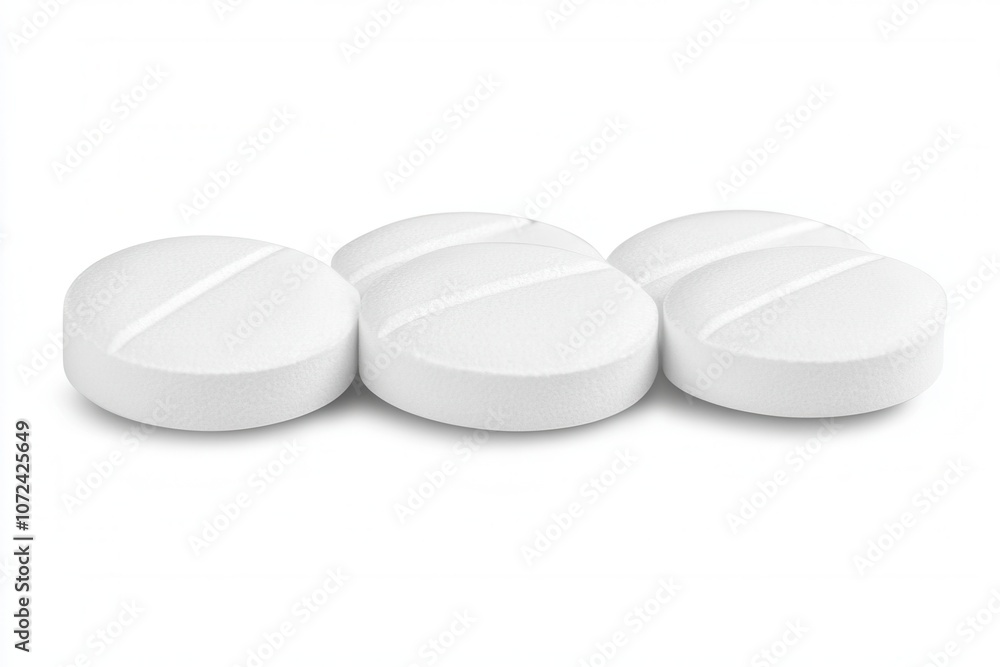 Close-up of three white medication tablets isolated on white background Close-up of three white medication tablets isolated on white background