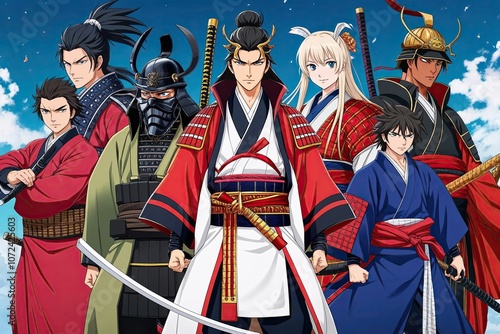 Elegant Anime Samurai Warriors Celebrating Japanese Culture in Traditional Attire photo