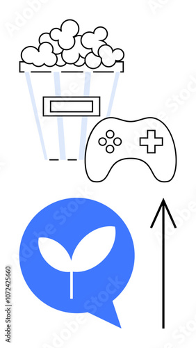 Popcorn bucket, game controller, plant in speech bubble, and upward arrow depict digital entertainment and growth. Ideal for technology, gaming, media, communication, growth sustainability