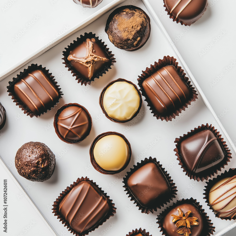 Assorted gourmet chocolates in gift box, including dark, milk, and white chocolate truffles, Chocolate Day celebration, elegant treat for holidays, festive present, and luxury dessert gift idea Assorted gourmet chocolates in gift box, including dark, milk, and white chocolate truffles, Chocolate Day celebration, elegant treat for holidays, festive present, and luxury dessert gift idea