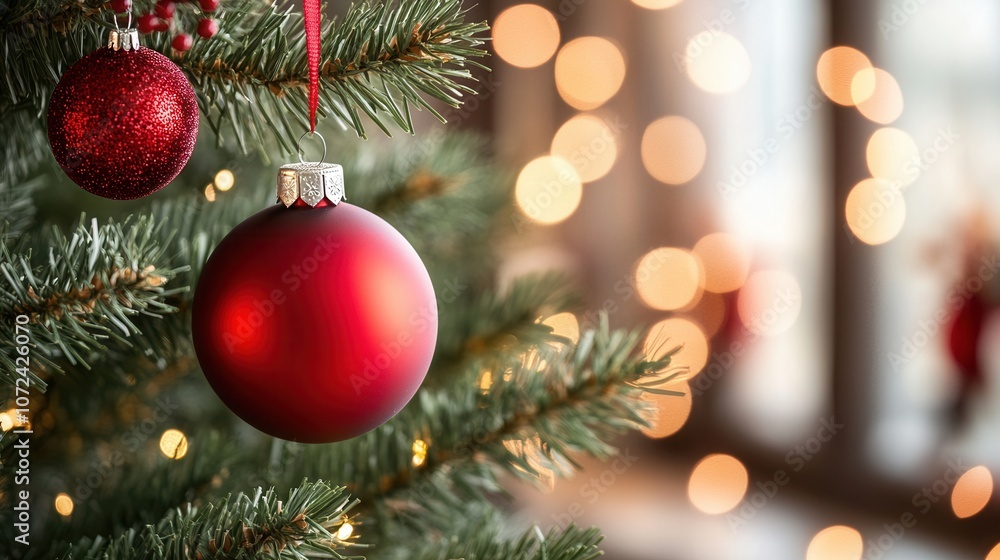 Festive christmas tree with red ornaments warm lights Festive christmas tree with red ornaments warm lights