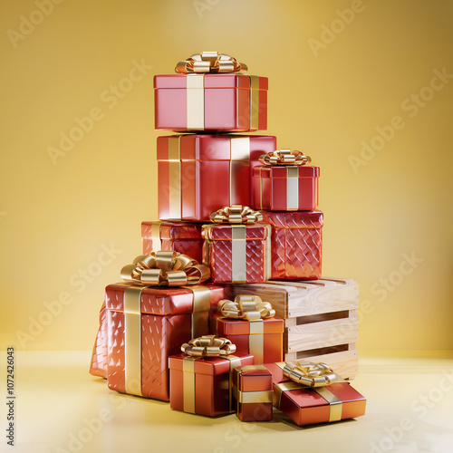 A 3D render of a stack of Christmas gifts. The gifts are wrapped in shiny red paper with gold ribbons and stacked on top of a wooden crate. The background is a bright yellow wall.