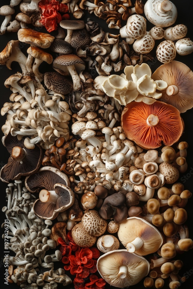 Diverse array of wild mushrooms in various shapes and colors on dark background Diverse array of wild mushrooms in various shapes and colors on dark background