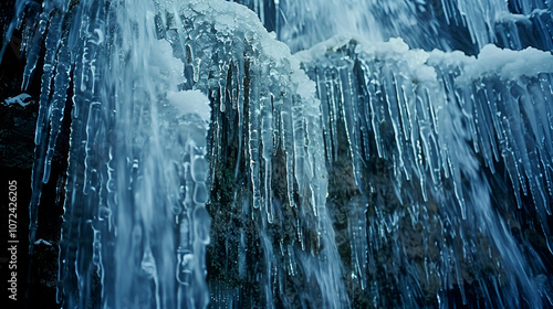 Frozen waterfall with icicles hanging down glistening under the winter sun