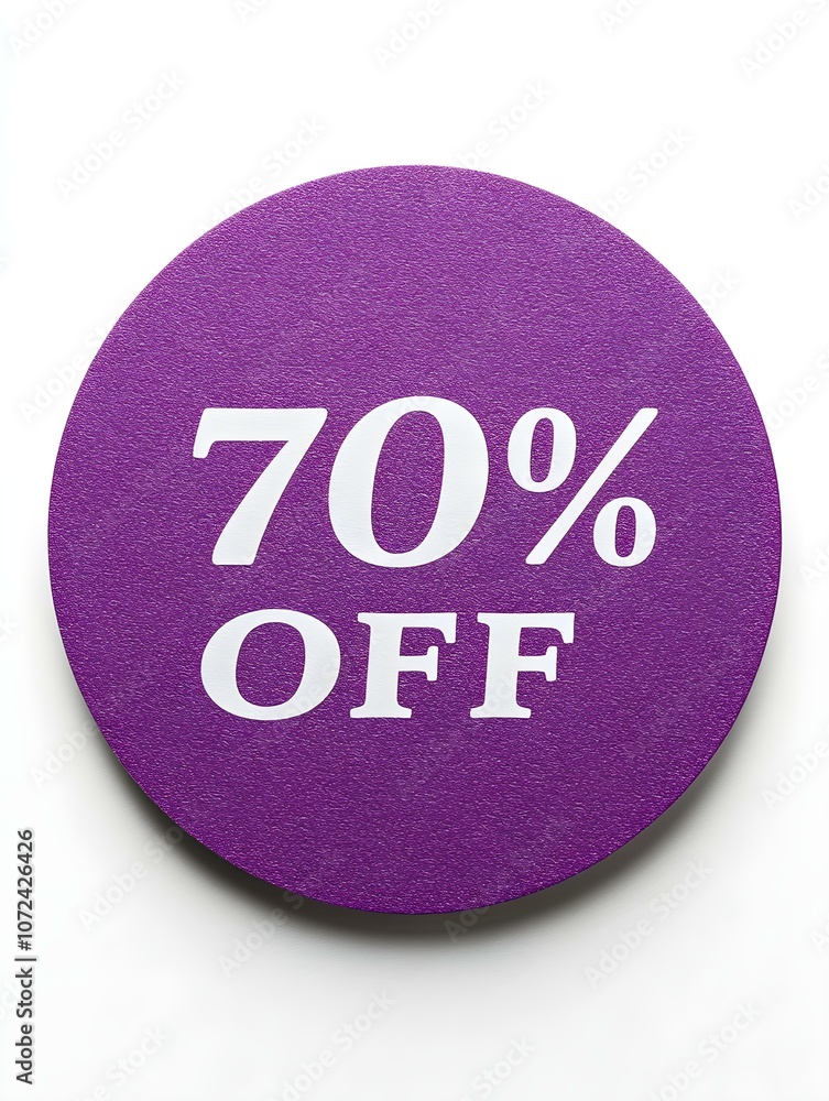 White '70% OFF' Text on a Purple Round Paper Note. White Background White '70% OFF' Text on a Purple Round Paper Note. White Background