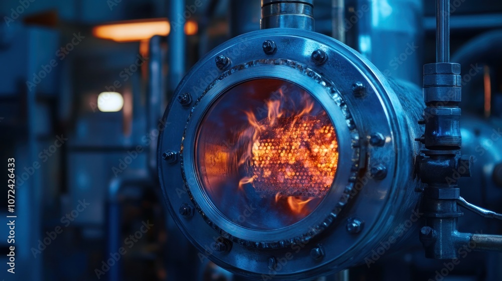 Close-up View of a Burning Industrial Furnace with a View Port Close-up View of a Burning Industrial Furnace with a View Port
