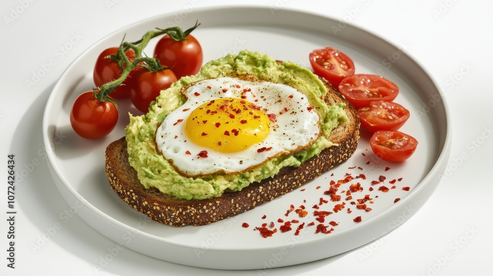 Whole Wheat Toast with Avocado and Fried Egg: Professional Food Photography Featuring Red Pepper Flakes and Cherry Tomatoes in a Clean, Commercial Composition. Whole Wheat Toast with Avocado and Fried Egg: Professional Food Photography Featuring Red Pepper Flakes and Cherry Tomatoes in a Clean, Commercial Composition.
