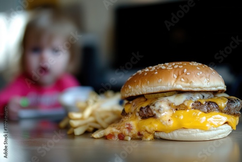 Little girl gazing hungrily at juicy cheeseburger photo