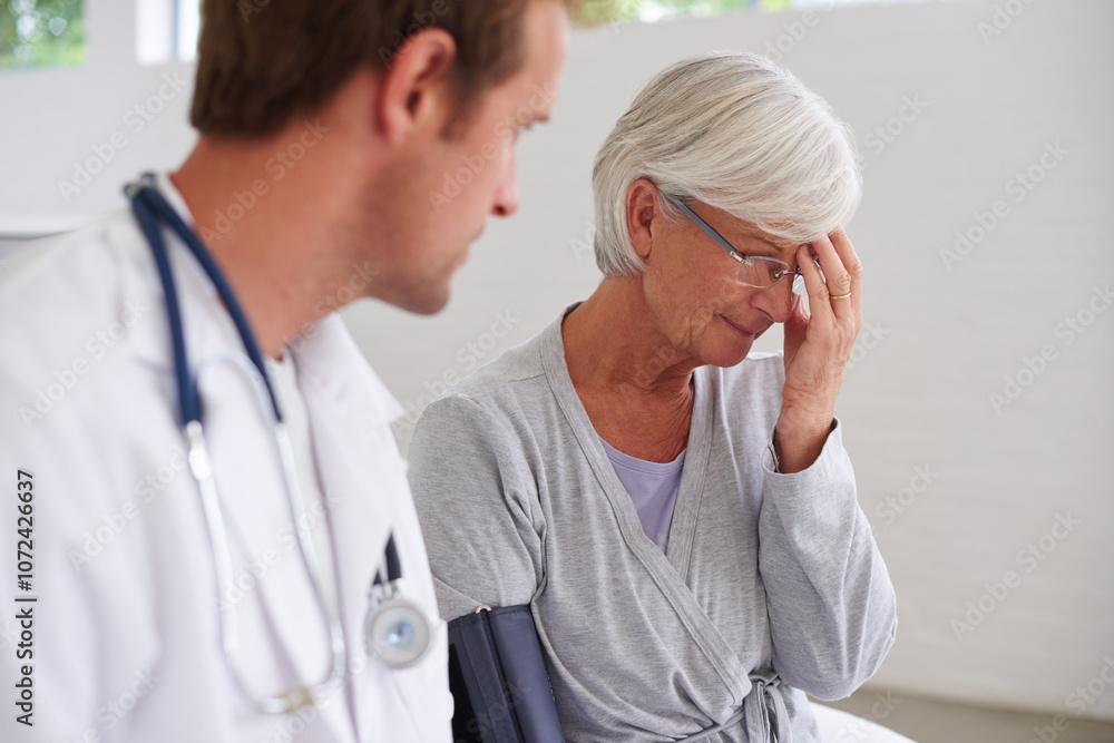 Fototapeta premium Sad, senior woman and doctor with support, empathy and consultation for bad news or cancer disease. Stress, depression and caregiver with mature patient, help and crying in retirement nursing home