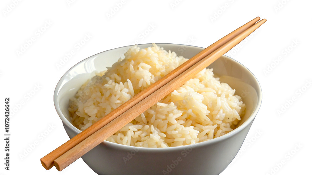 Bowl of loose white rice with chopsticks on transparent background. Bowl of loose white rice with chopsticks on transparent background.