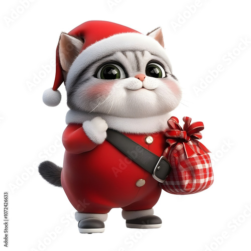 Adorable Christmas kitty in Santa suit, carrying gifts! Festive cheer and holiday spirit. Merry Christmas! photo