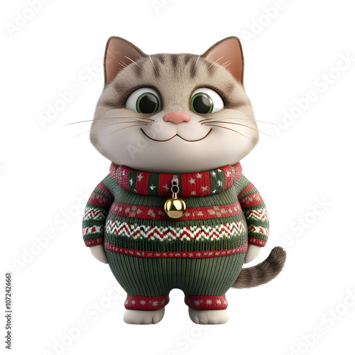 Adorable 3D cat in festive sweater, bell, big eyes. Holiday cheer!