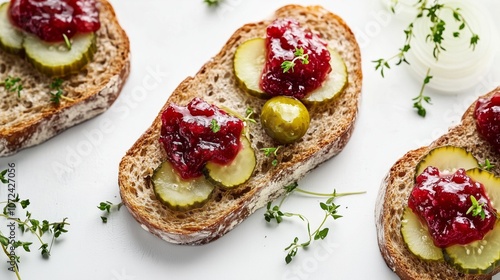 Rustic bread with pickles and cranberry relish garnished with fresh herbs on white background