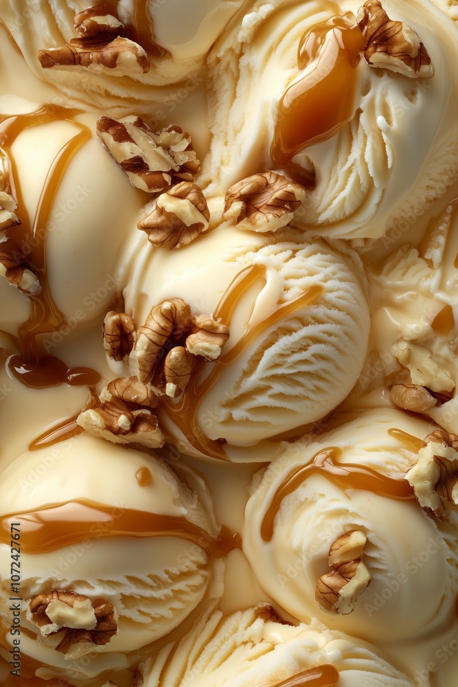 Creamy vanilla ice cream with caramel swirls and pecans Creamy vanilla ice cream with caramel swirls and pecans