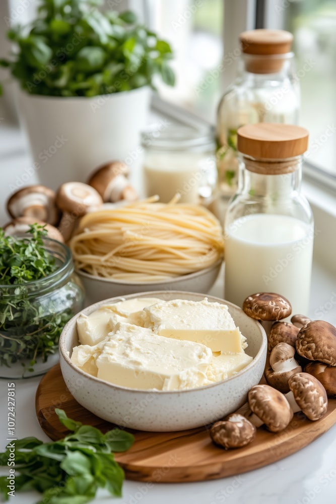 Fresh ingredients for creamy pasta dish with mushrooms and herbs