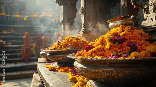 A close-up of traditional offerings at Jejuri, showcasing vibrant colors and textures that reflect the devotion of worshippers, photo