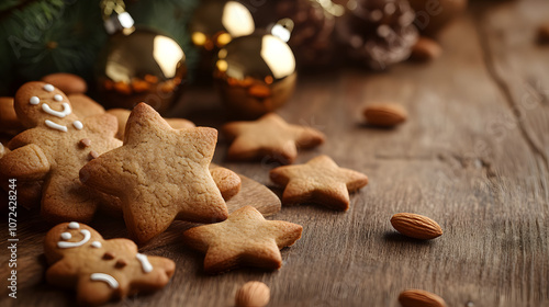 christmas cookies, gingerbread men, festive stars, holiday baking, wooden table, holiday treats, christmas sweets, cookie decorations, festive season, cozy vibes, christmas, gingerbread, food, cookie,