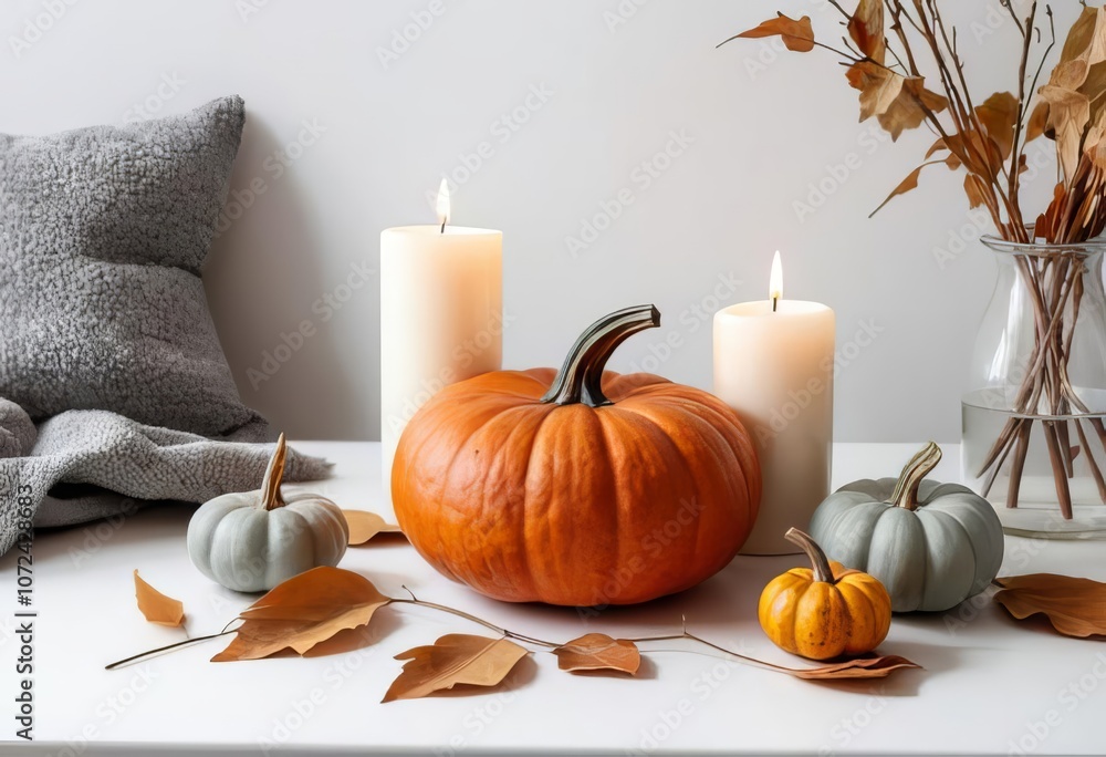 A table set with pumpkins, a candle, and fallen leaves in a cozy home setting A table set with pumpkins, a candle, and fallen leaves in a cozy home setting