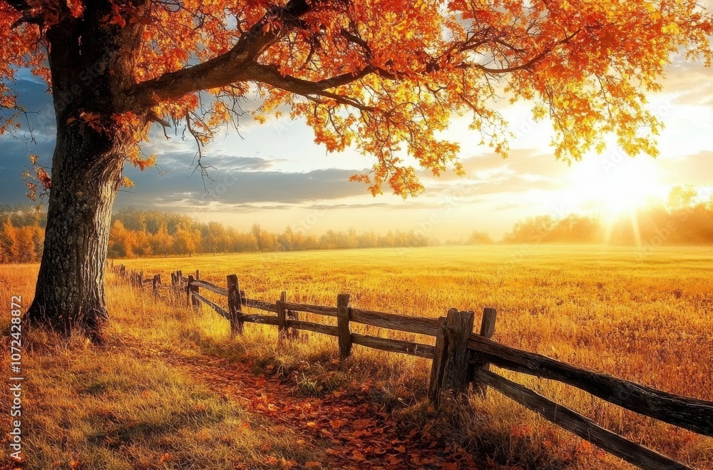 Obraz premium Autumn Sunrise Over Oak Tree and Wooden Fence in Golden Fields