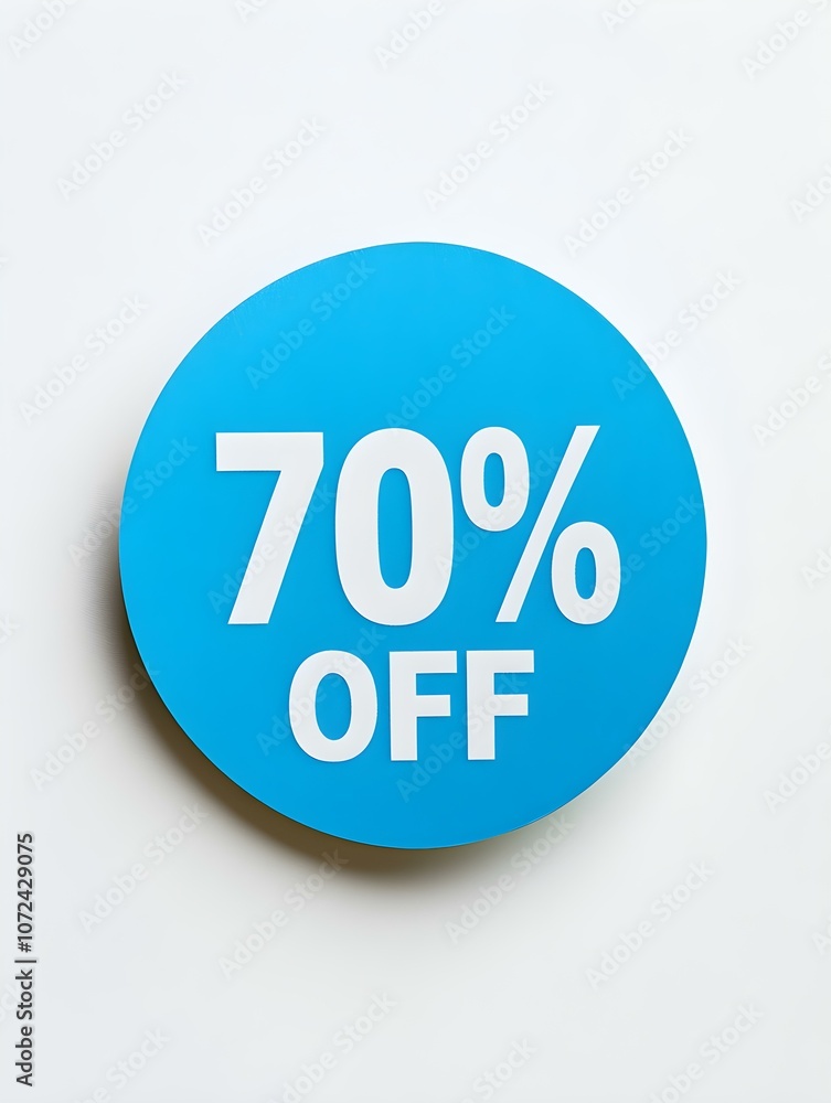 White '70% OFF' Text on a Sky Blue Round Paper Note. White Background White '70% OFF' Text on a Sky Blue Round Paper Note. White Background
