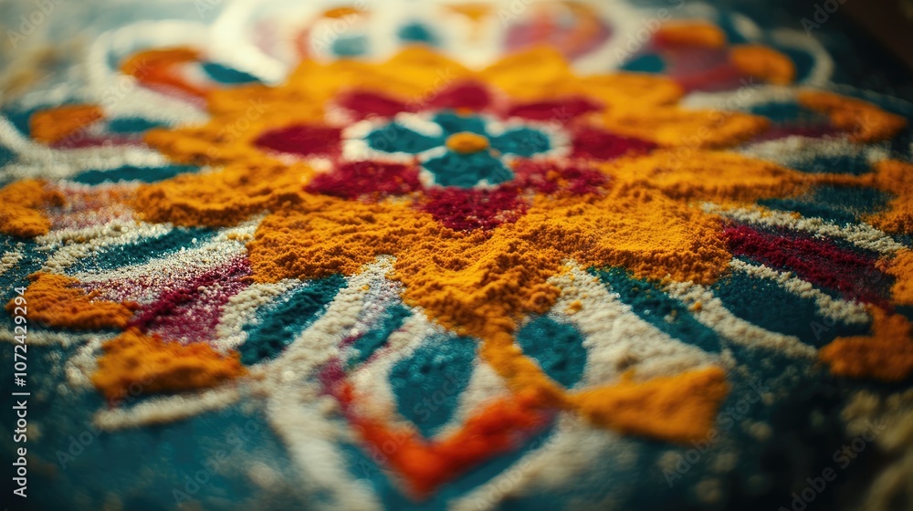 A close-up view of a colorful kolam design made with rice flour and vibrant powders, intricately spread on a clean floor. A close-up view of a colorful kolam design made with rice flour and vibrant powders, intricately spread on a clean floor.