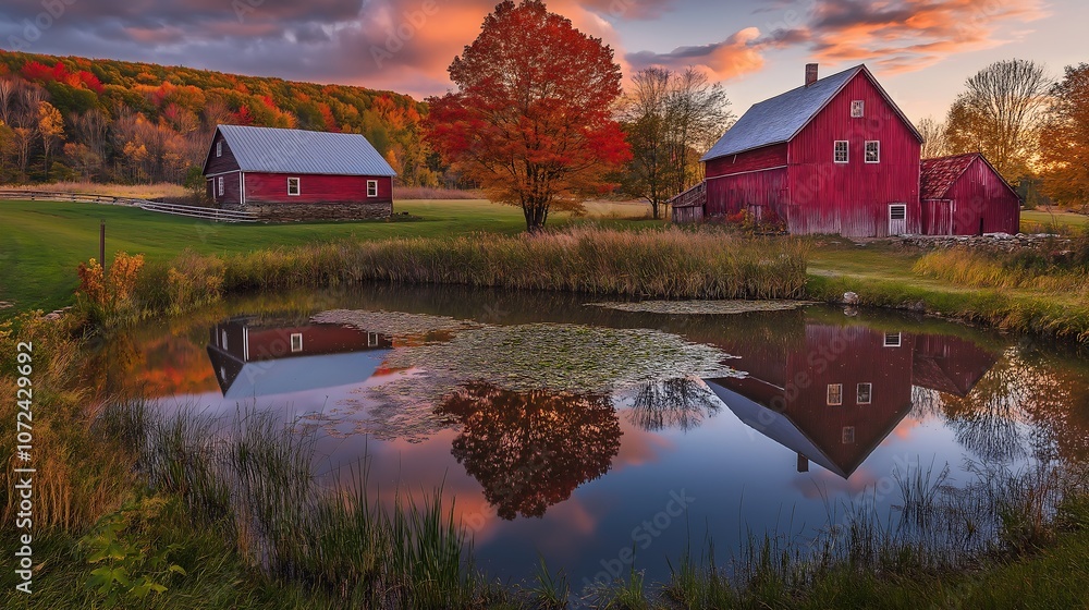 Fototapeta premium Beautiful Autumn Landscape with Golden and Copper Trees Misty Lake and Farmhouse Wallpaper Generative AI